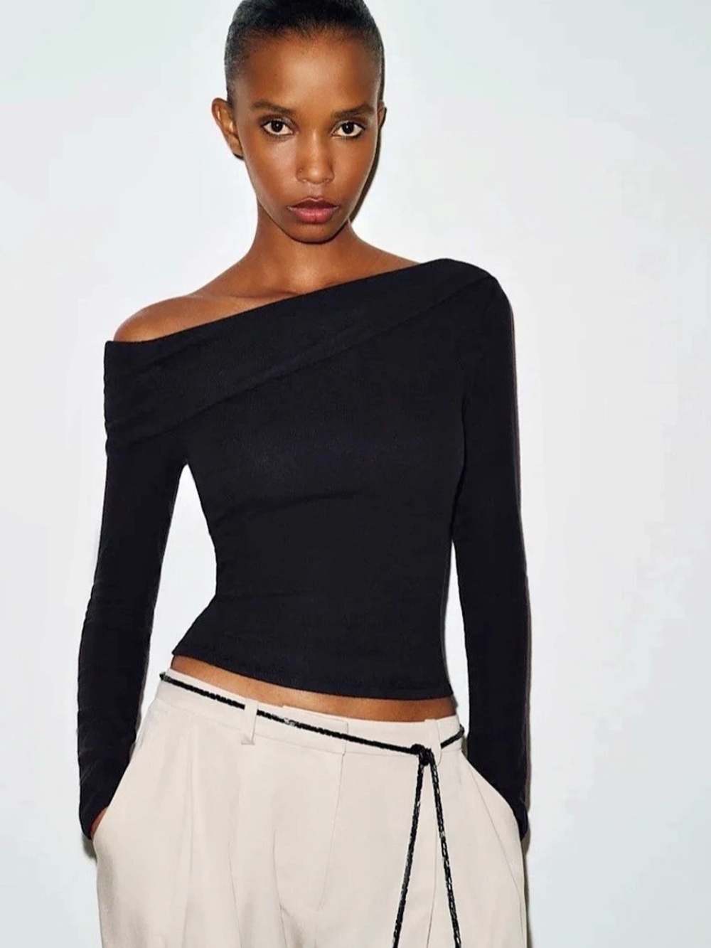 Reformation Elio Knit Top Black Asymmetrical Long Sleeve Small